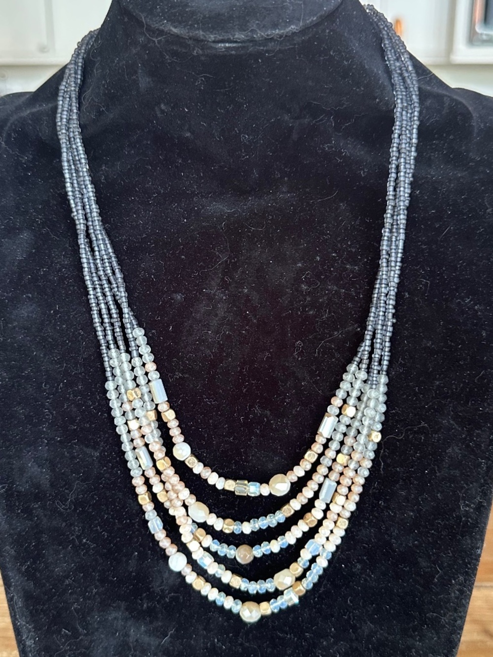 Boho Multi-Strand Gemstone Statement Necklace Gray Gold Blue - Picture 10 of 15